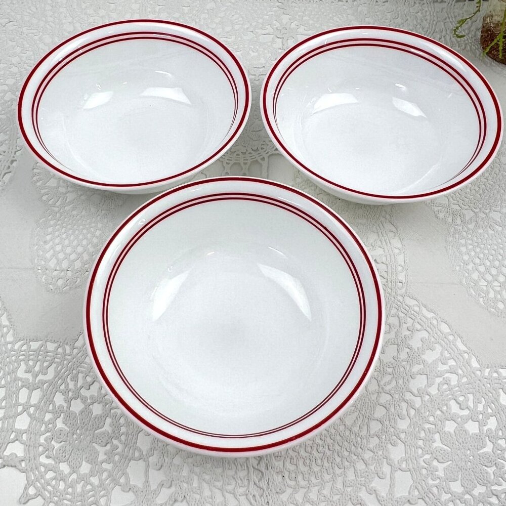 Corelle Vitrelle 3 Coupe Cereal Soup BowlsC lassic Cafe Red White Red Band Edge - Picture 2 of 10